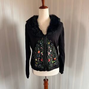 Vintage Y2K Christmas Tree Zip Cardigan M